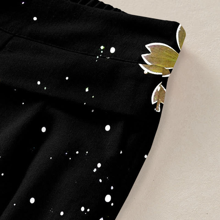 Buddha Stones Pantaloni da donna in cotone e lino neri con fantasia Sakura, vita elasticizzata e gamba larga, con tasche. - image 6