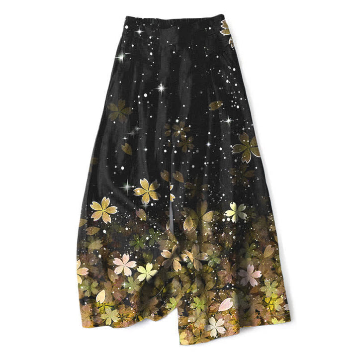 Buddha Stones Pantaloni da donna in cotone e lino neri con fantasia Sakura, vita elasticizzata e gamba larga, con tasche. - Giallo - US16, UK/AU20, EU48 (3XL) - image 4