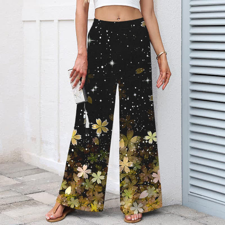 Buddha Stones Pantaloni da donna in cotone e lino neri con fantasia Sakura, vita elasticizzata e gamba larga, con tasche. - image 5