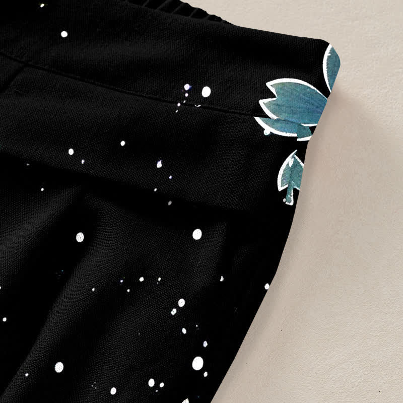 Buddha Stones Pantaloni da donna in cotone e lino neri con fantasia Sakura, vita elasticizzata e gamba larga, con tasche. - image 10