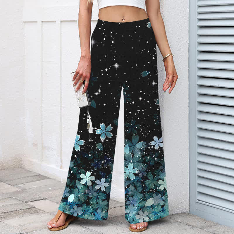 Buddha Stones Pantaloni da donna in cotone e lino neri con fantasia Sakura, vita elasticizzata e gamba larga, con tasche. - image 9