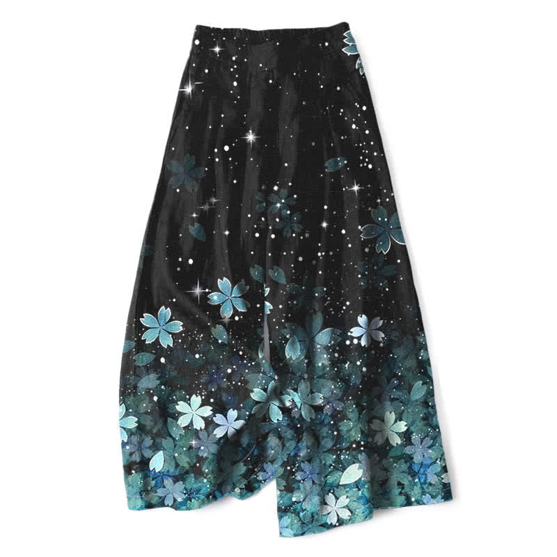 Buddha Stones Pantaloni da donna in cotone e lino neri con fantasia Sakura, vita elasticizzata e gamba larga, con tasche. - Cielo Blu - US16, UK/AU20, EU48 (3XL) - image 8