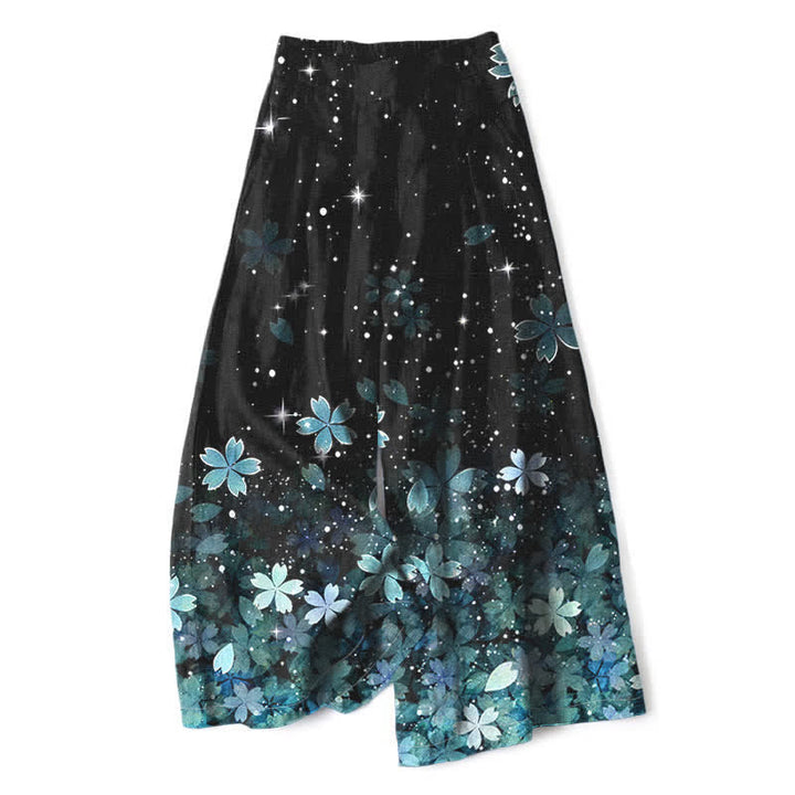 Buddha Stones Pantaloni da donna in cotone e lino neri con fantasia Sakura, vita elasticizzata e gamba larga, con tasche. - Cielo Blu - US16, UK/AU20, EU48 (3XL) - image 8