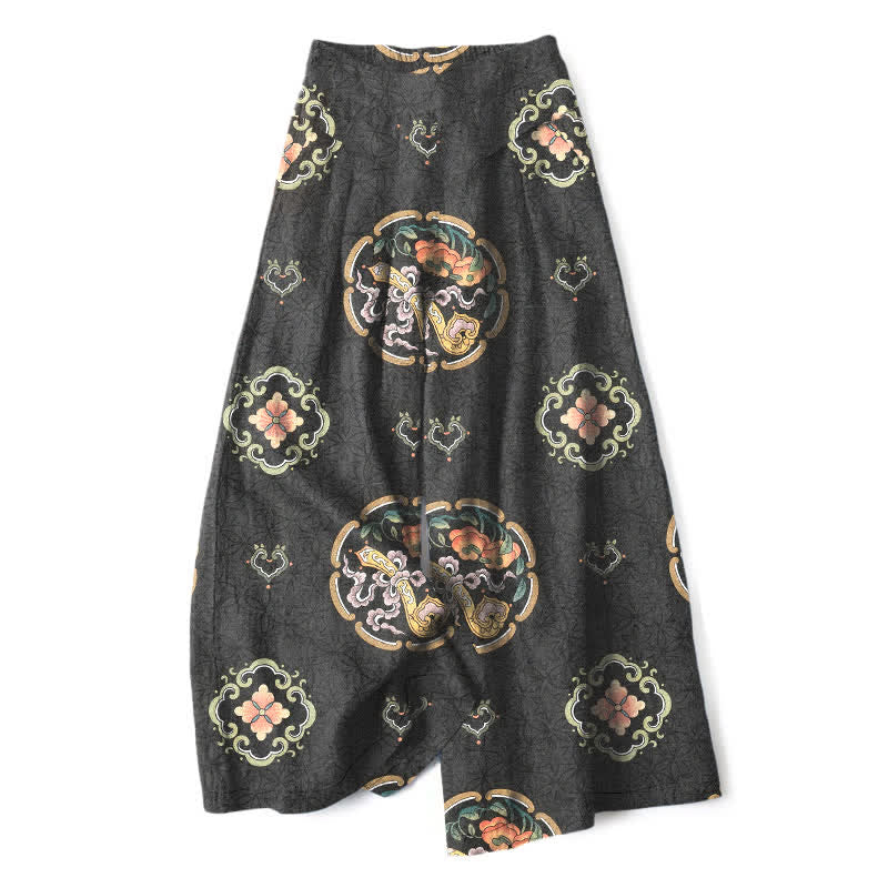 Buddha Stones Pantaloni da donna a gamba larga in cotone e lino, stile bohémien, con elastico in vita e tasche, fantasia a medaglioni. - Nero - US16, UK/AU20, EU48 (3XL) - image 0