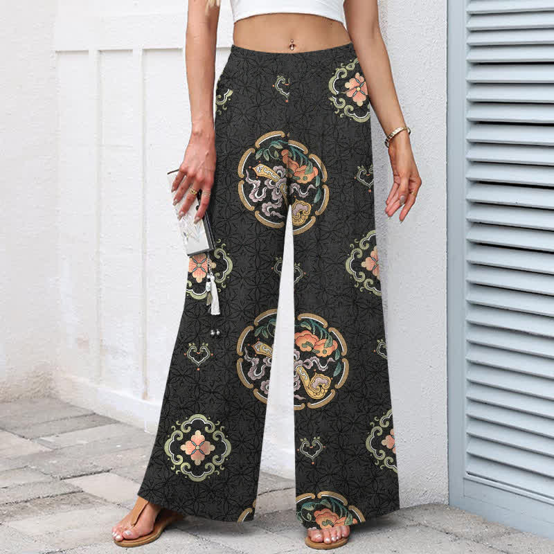 Buddha Stones Pantaloni da donna a gamba larga in cotone e lino, stile bohémien, con elastico in vita e tasche, fantasia a medaglioni. - image 1