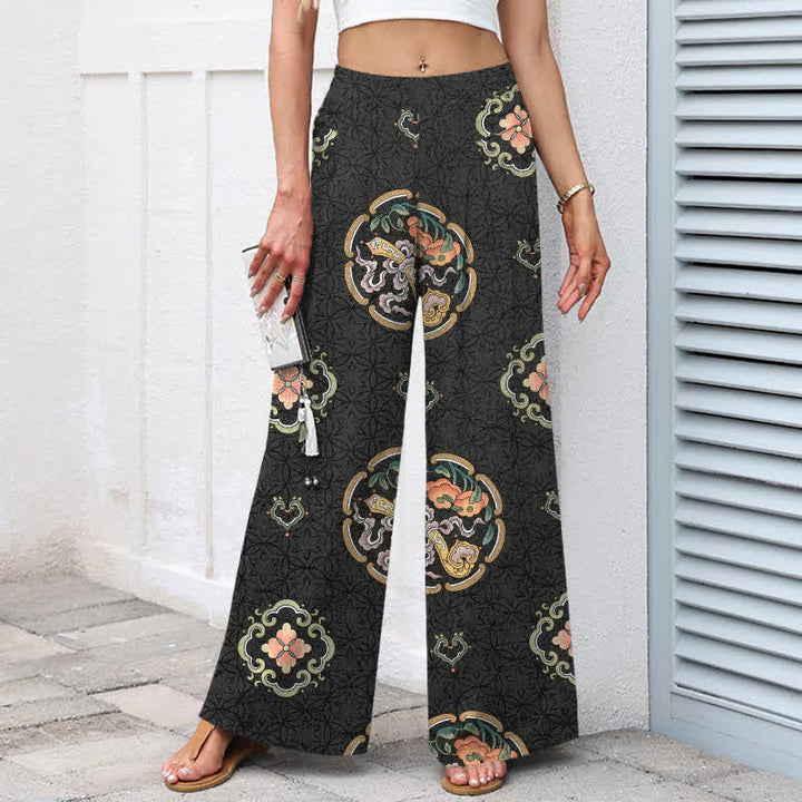 Buddha Stones Pantaloni da donna a gamba larga in cotone e lino, stile bohémien, con elastico in vita e tasche, fantasia a medaglioni. - image 1