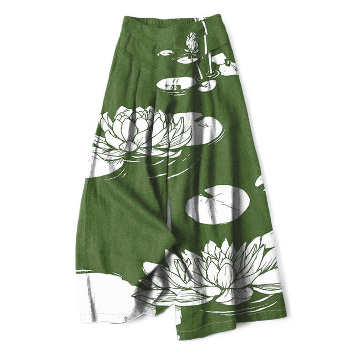 Buddha Stones Pantaloni da donna in cotone e lino con motivo a foglie di loto, vita elasticizzata e gamba larga, con tasche. - Verde studentesco - US16, UK/AU20, EU48 (3XL) - image 0