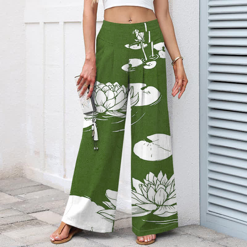 Buddha Stones Pantaloni da donna in cotone e lino con motivo a foglie di loto, vita elasticizzata e gamba larga, con tasche. - image 1