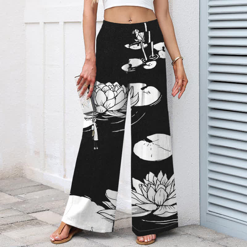 Buddha Stones Pantaloni da donna in cotone e lino con motivo a foglie di loto, vita elasticizzata e gamba larga, con tasche. - image 5