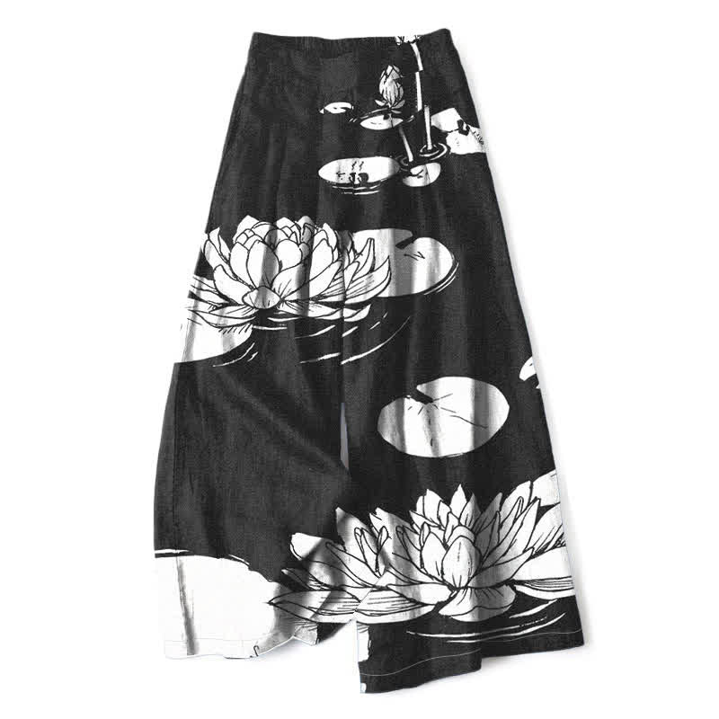 Buddha Stones Pantaloni da donna in cotone e lino con motivo a foglie di loto, vita elasticizzata e gamba larga, con tasche. - Nero - US16, UK/AU20, EU48 (3XL) - image 4
