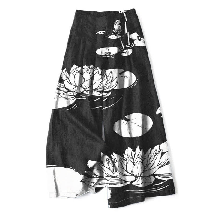 Buddha Stones Pantaloni da donna in cotone e lino con motivo a foglie di loto, vita elasticizzata e gamba larga, con tasche. - Nero - US16, UK/AU20, EU48 (3XL) - image 4