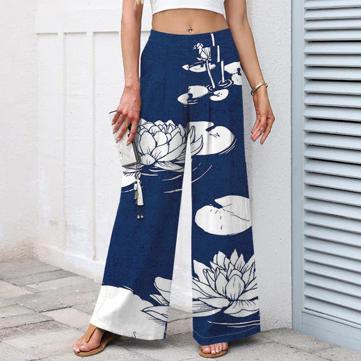 Buddha Stones Pantaloni da donna in cotone e lino con motivo a foglie di loto, vita elasticizzata e gamba larga, con tasche. - image 9