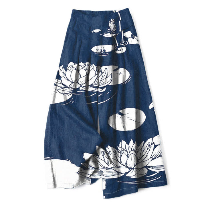 Buddha Stones Pantaloni da donna in cotone e lino con motivo a foglie di loto, vita elasticizzata e gamba larga, con tasche. - Marina - US16, UK/AU20, EU48 (3XL) - image 8