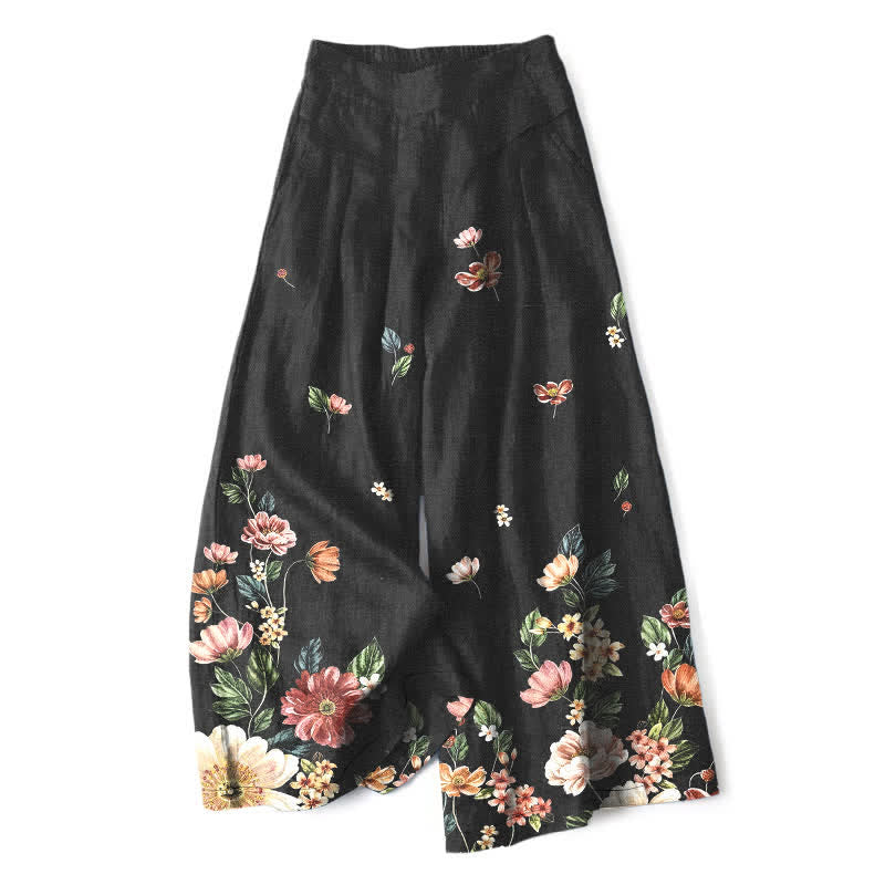 Buddha Stones Pantaloni da donna in cotone e lino, stile bohémien, a gamba larga con elastico in vita e tasche, con fantasia floreale. - Nero - US16, UK/AU20, EU48 (3XL) - image 0