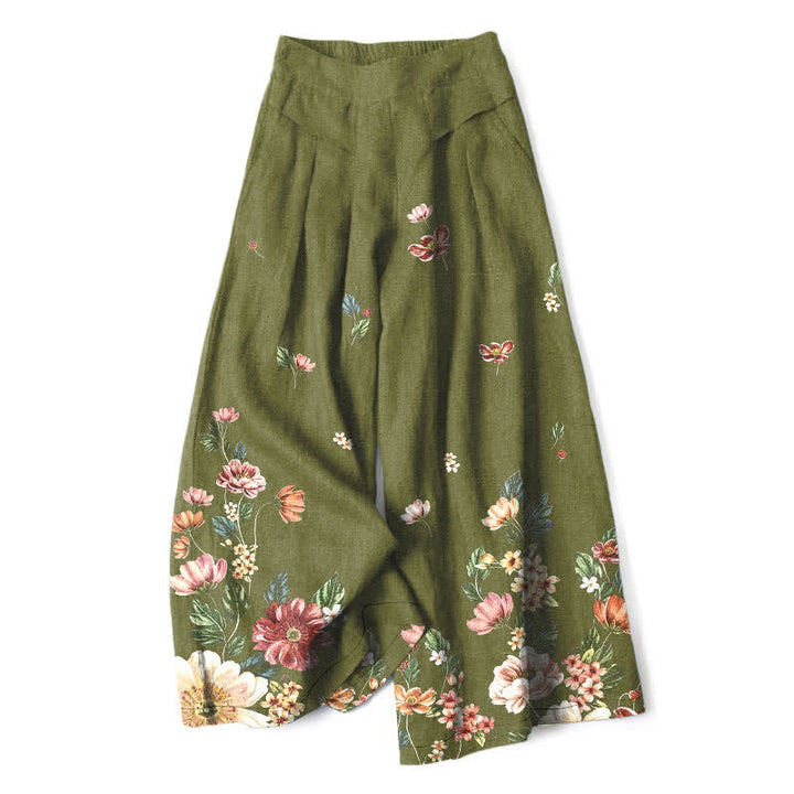 Buddha Stones Pantaloni da donna in cotone e lino, stile bohémien, a gamba larga con elastico in vita e tasche, con fantasia floreale. - Verde oliva - US16, UK/AU20, EU48 (3XL) - image 4