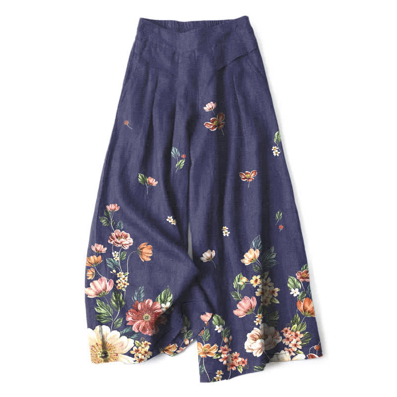 Buddha Stones Pantaloni da donna in cotone e lino, stile bohémien, a gamba larga con elastico in vita e tasche, con fantasia floreale. - Marina - US16, UK/AU20, EU48 (3XL) - image 8