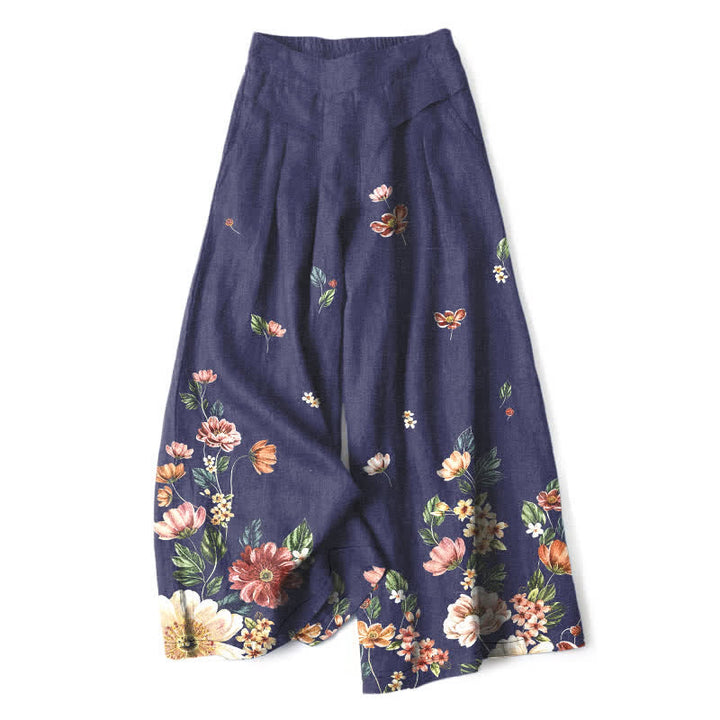 Buddha Stones Pantaloni da donna in cotone e lino, stile bohémien, a gamba larga con elastico in vita e tasche, con fantasia floreale. - Marina - US16, UK/AU20, EU48 (3XL) - image 8