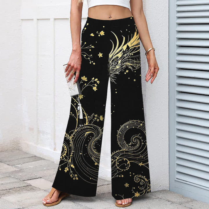 Buddha Stones Pantaloni da donna in cotone e lino con elastico in vita e gamba larga, fantasia a onde di drago, con tasche. - image 1