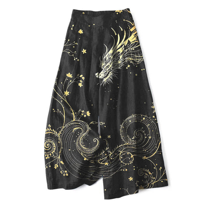 Buddha Stones Pantaloni da donna in cotone e lino con elastico in vita e gamba larga, fantasia a onde di drago, con tasche. - Nero - US16, UK/AU20, EU48 (3XL) - image 0