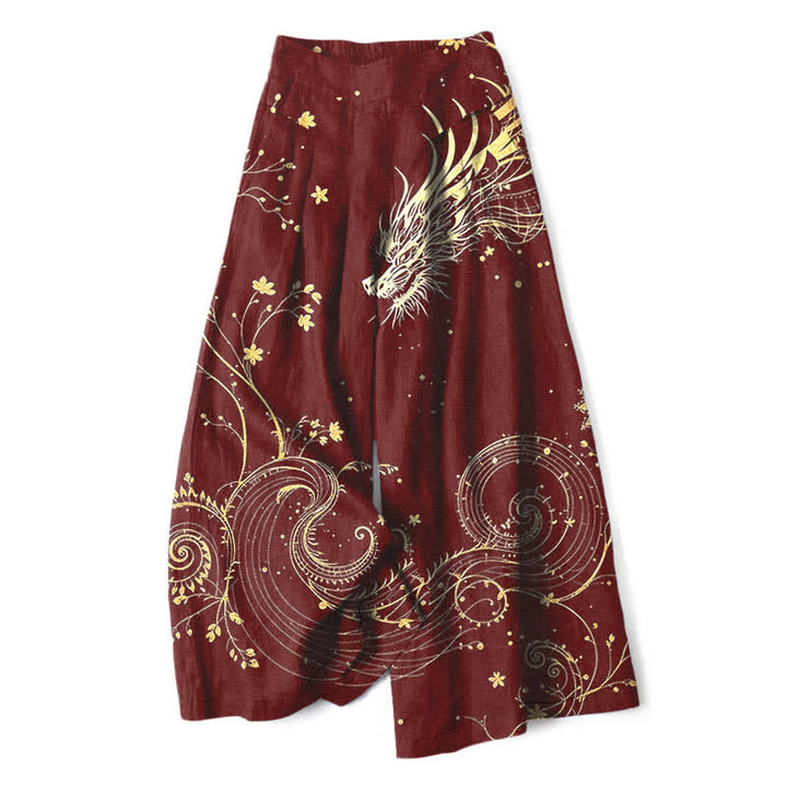 Buddha Stones Pantaloni da donna in cotone e lino con elastico in vita e gamba larga, fantasia a onde di drago, con tasche. - Marrone - US16, UK/AU20, EU48 (3XL) - image 4