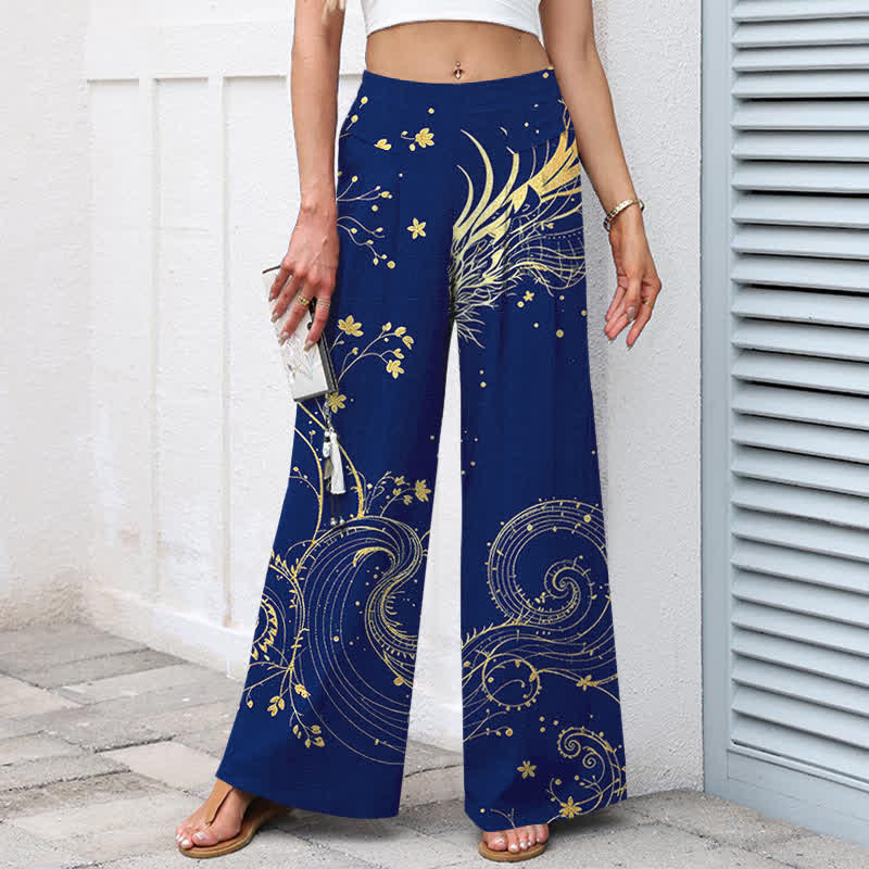 Buddha Stones Pantaloni da donna in cotone e lino con elastico in vita e gamba larga, fantasia a onde di drago, con tasche. - image 9