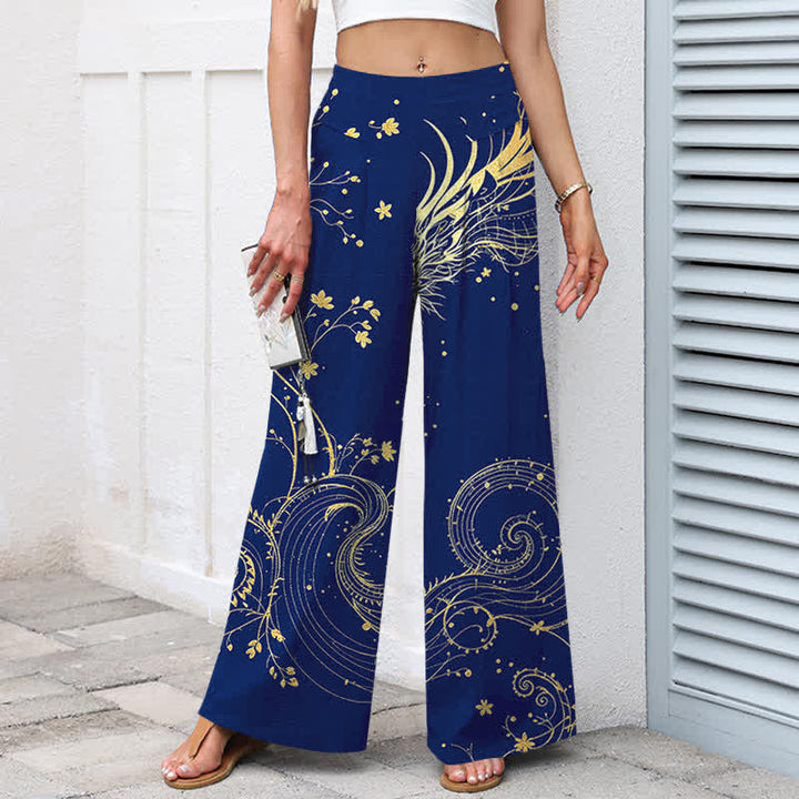 Buddha Stones Pantaloni da donna in cotone e lino con elastico in vita e gamba larga, fantasia a onde di drago, con tasche. - image 9