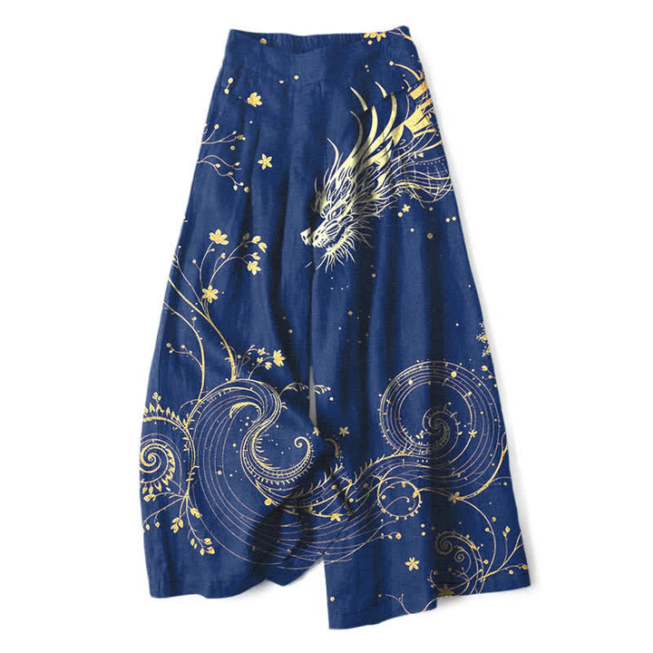 Buddha Stones Pantaloni da donna in cotone e lino con elastico in vita e gamba larga, fantasia a onde di drago, con tasche. - Marina - US16, UK/AU20, EU48 (3XL) - image 8