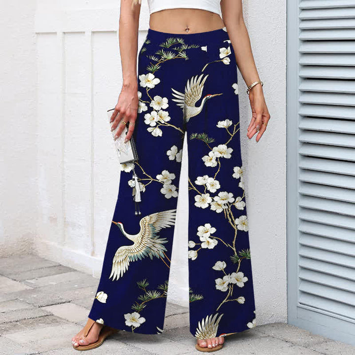 Buddha Stones Pantaloni da donna in cotone e lino con stampa floreale a gru, vita elasticizzata e gamba larga, con tasche. - image 1