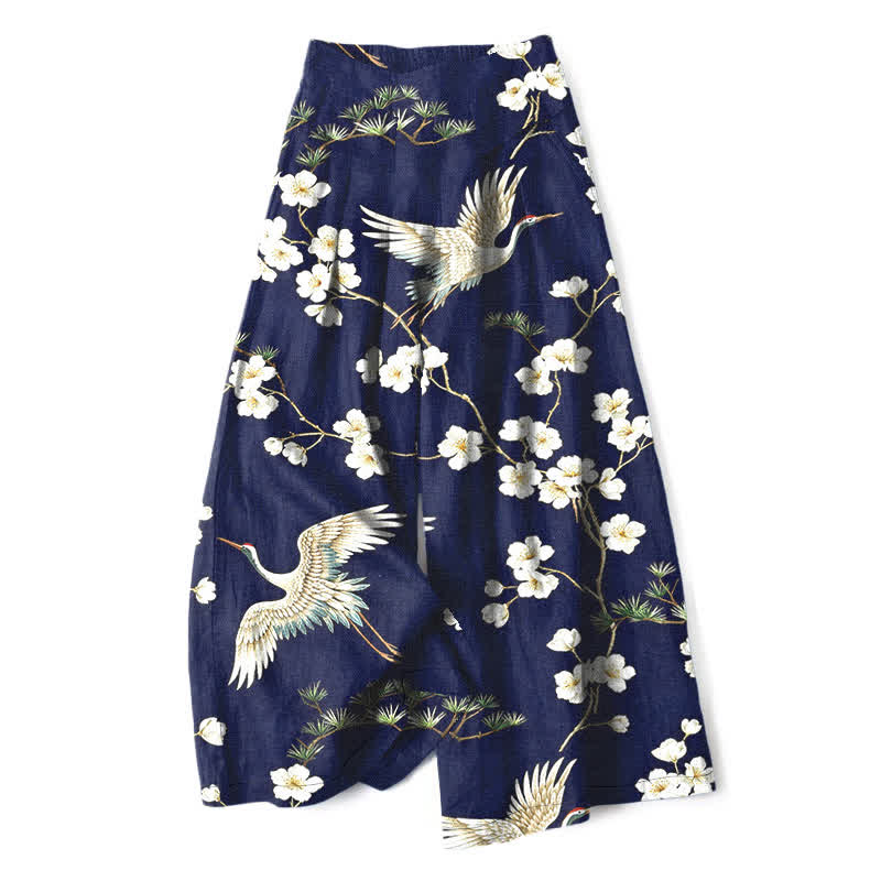 Buddha Stones Pantaloni da donna in cotone e lino con stampa floreale a gru, vita elasticizzata e gamba larga, con tasche. - Marina - US16, UK/AU20, EU48 (3XL) - image 0