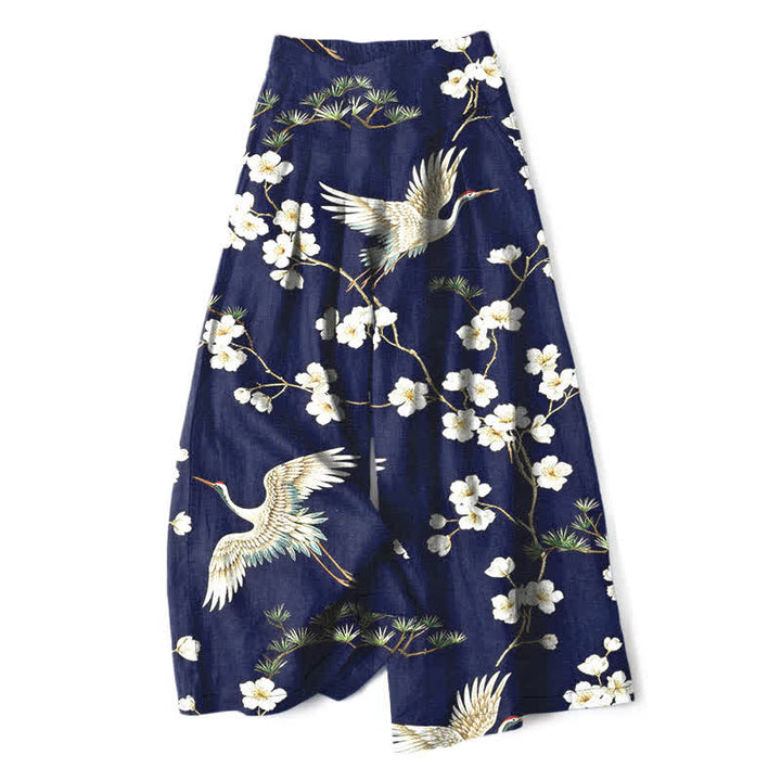 Buddha Stones Pantaloni da donna in cotone e lino con stampa floreale a gru, vita elasticizzata e gamba larga, con tasche. - Marina - US16, UK/AU20, EU48 (3XL) - image 0