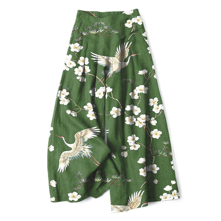 Buddha Stones Pantaloni da donna in cotone e lino con stampa floreale a gru, vita elasticizzata e gamba larga, con tasche. - Verde studentesco - US16, UK/AU20, EU48 (3XL) - image 4