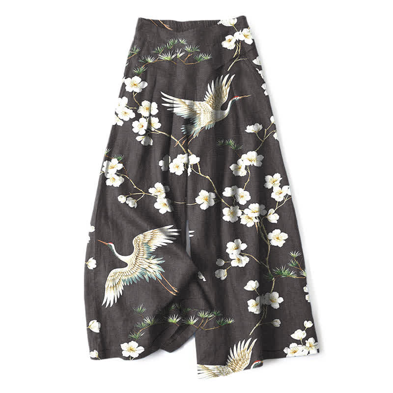 Buddha Stones Pantaloni da donna in cotone e lino con stampa floreale a gru, vita elasticizzata e gamba larga, con tasche. - Nero - US16, UK/AU20, EU48 (3XL) - image 8