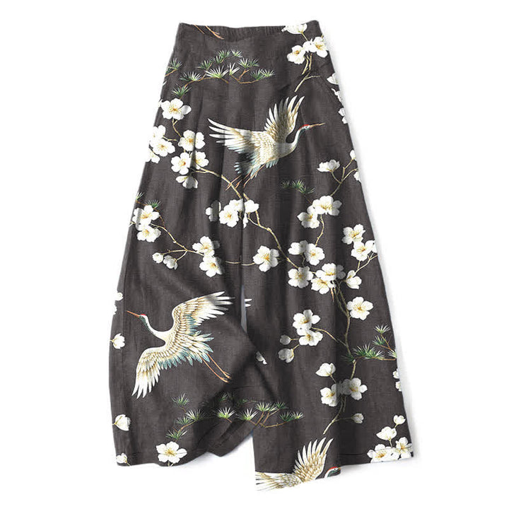 Buddha Stones Pantaloni da donna in cotone e lino con stampa floreale a gru, vita elasticizzata e gamba larga, con tasche. - Nero - US16, UK/AU20, EU48 (3XL) - image 8