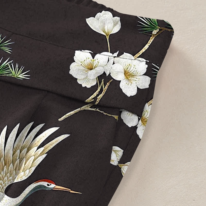 Buddha Stones Pantaloni da donna in cotone e lino con stampa floreale a gru, vita elasticizzata e gamba larga, con tasche. - image 10