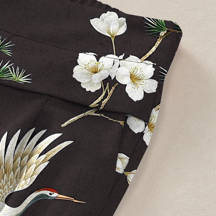Buddha Stones Pantaloni da donna in cotone e lino con stampa floreale a gru, vita elasticizzata e gamba larga, con tasche. - image 10