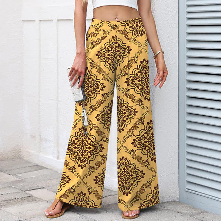 Buddha Stones Pantaloni da donna a gamba larga con elastico in vita e tasche, in cotone e lino, con fantasia floreale barocca. - image 1
