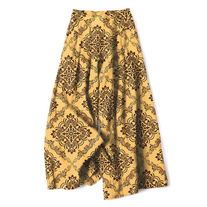 Buddha Stones Pantaloni da donna a gamba larga con elastico in vita e tasche, in cotone e lino, con fantasia floreale barocca. - Oro - US16, UK/AU20, EU48 (3XL) - image 0