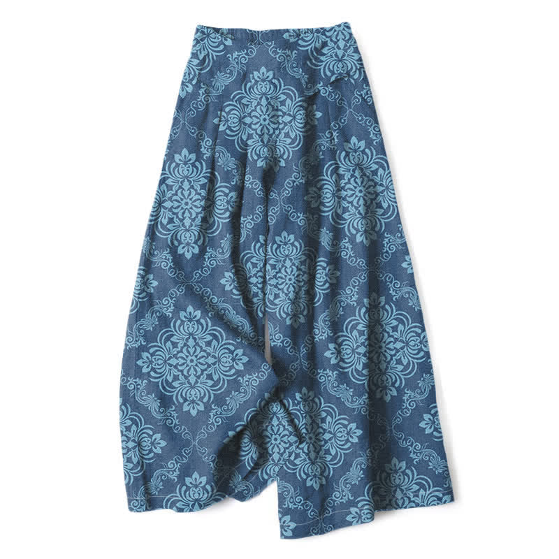 Buddha Stones Pantaloni da donna a gamba larga con elastico in vita e tasche, in cotone e lino, con fantasia floreale barocca. - SteelBlue - US16, UK/AU20, EU48 (3XL) - image 4