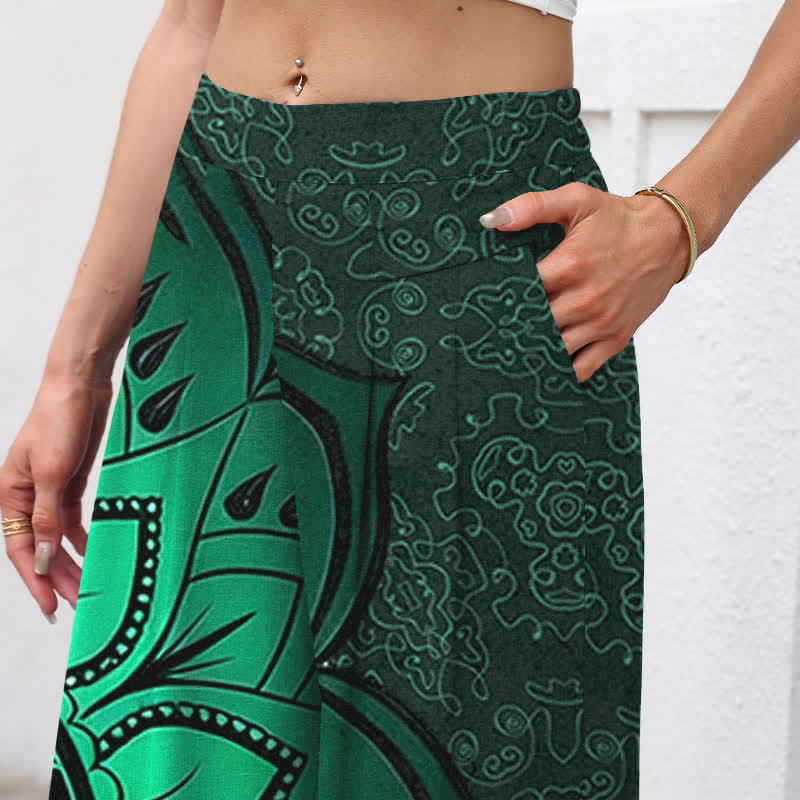Buddha Stones Pantaloni da donna in cotone e lino con elastico in vita e gamba larga, fantasia mandala e tasche. - Verde scuro - US16, UK/AU20, EU48 (3XL) - image 2
