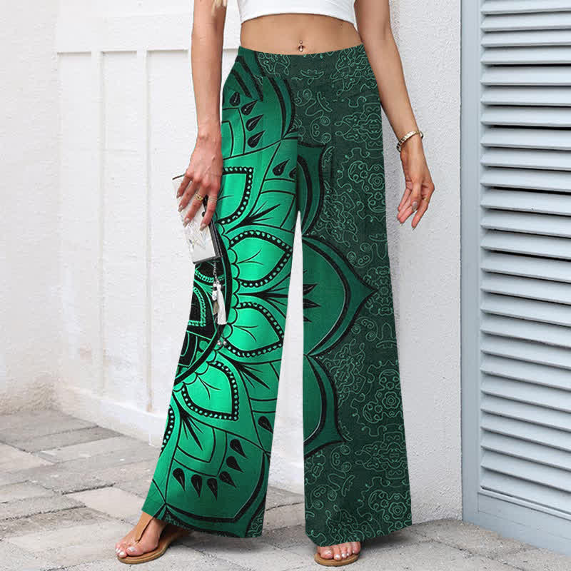 Buddha Stones Pantaloni da donna in cotone e lino con elastico in vita e gamba larga, fantasia mandala e tasche. - image 1