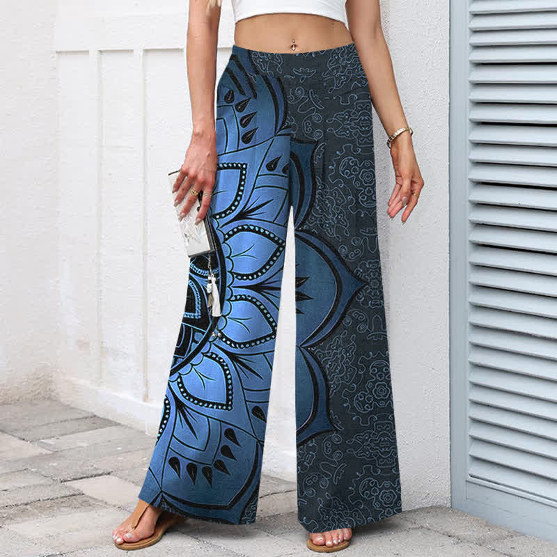 Buddha Stones Pantaloni da donna in cotone e lino con elastico in vita e gamba larga, fantasia mandala e tasche. - image 6