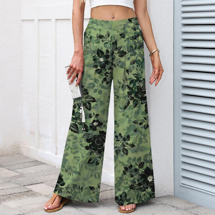 Buddha Stones Pantaloni da donna in cotone e lino con fantasia floreale, vita elasticizzata e gamba larga, con tasche. - image 1