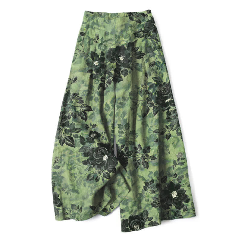 Buddha Stones Pantaloni da donna in cotone e lino con fantasia floreale, vita elasticizzata e gamba larga, con tasche. - Verde oliva - US16, UK/AU20, EU48 (3XL) - image 0