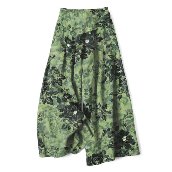 Buddha Stones Pantaloni da donna in cotone e lino con fantasia floreale, vita elasticizzata e gamba larga, con tasche. - Verde oliva - US16, UK/AU20, EU48 (3XL) - image 0