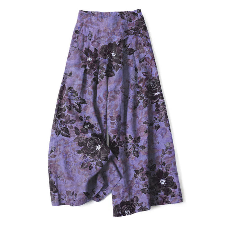 Buddha Stones Pantaloni da donna in cotone e lino con fantasia floreale, vita elasticizzata e gamba larga, con tasche. - Viola medio - US16, UK/AU20, EU48 (3XL) - image 4