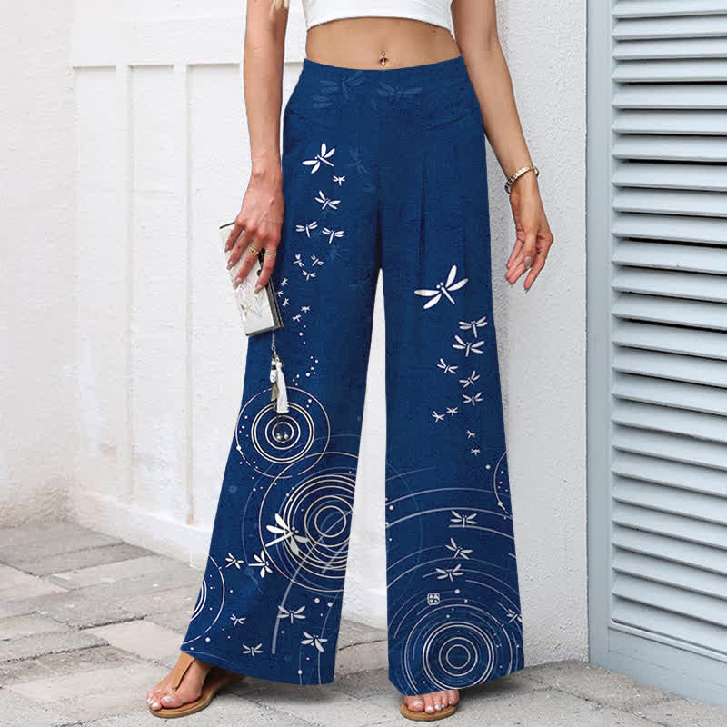 Buddha Stones Pantaloni da donna a gamba larga con elastico in vita e tasche, in cotone e lino, con fantasia a onde di libellula. - image 1
