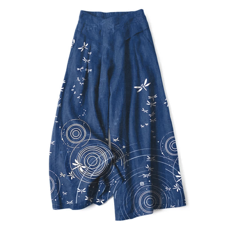 Buddha Stones Pantaloni da donna a gamba larga con elastico in vita e tasche, in cotone e lino, con fantasia a onde di libellula. - Marina - US16, UK/AU20, EU48 (3XL) - image 0