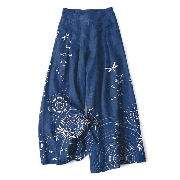 Buddha Stones Pantaloni da donna a gamba larga con elastico in vita e tasche, in cotone e lino, con fantasia a onde di libellula. - Marina - US16, UK/AU20, EU48 (3XL) - image 0