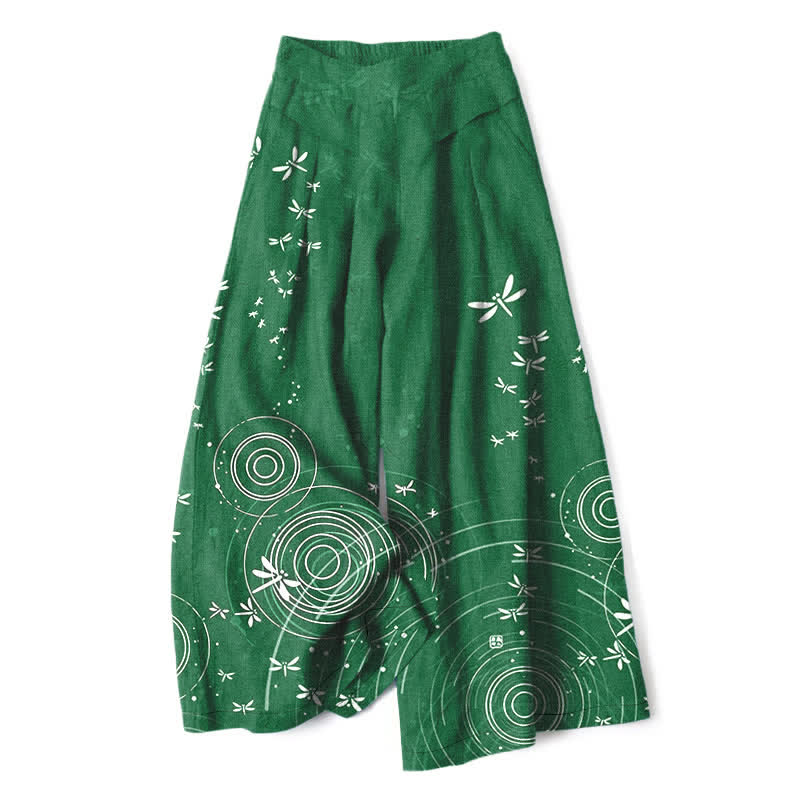 Buddha Stones Pantaloni da donna a gamba larga con elastico in vita e tasche, in cotone e lino, con fantasia a onde di libellula. - Verde studentesco - US16, UK/AU20, EU48 (3XL) - image 4