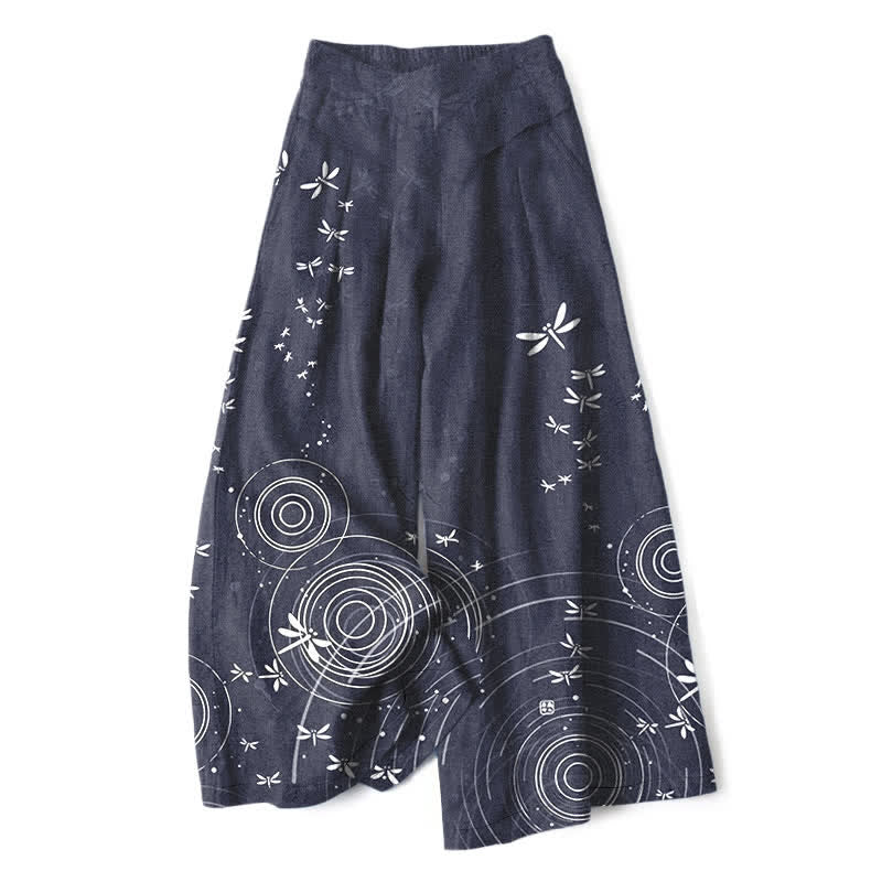 Buddha Stones Pantaloni da donna a gamba larga con elastico in vita e tasche, in cotone e lino, con fantasia a onde di libellula. - Grigio ardesia - US16, UK/AU20, EU48 (3XL) - image 8